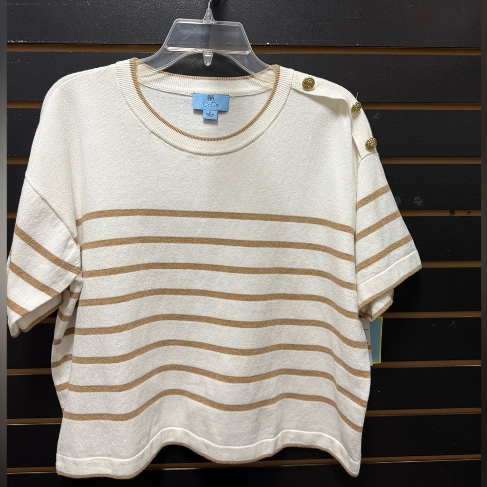 CeCe Oversized Boxy Striped Knit Top S NWT Gold Button Shoulder
